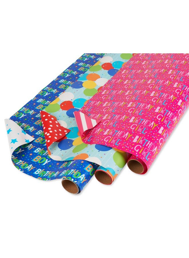 Reversible Birthday Wrapping Paper Stars Polka Dots And Balloons (3 Pack 120 Sq. Ft)