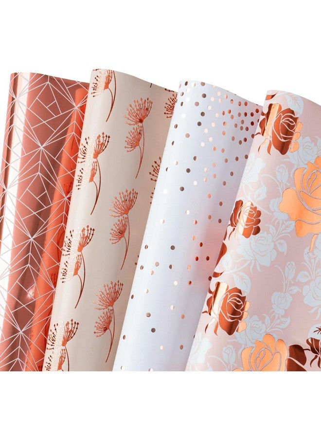 Wrapping Paper Sheet 12 Sheets Rose Gold Floral Design Folded Flat For Wedding Birthday Celebration Party Present Packing 19.7 Inch X 30 Inch Per Sheet