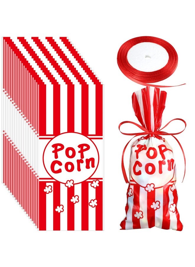 100 Pcs Carnival Popcorn Bags Bulk Carnival Candy Bags Red And White Stripe Cellophane Treat Bags Goody Bags With A Roll Of Red Ribbon For Party Favor Supply Cookie Cupcake Wrapping