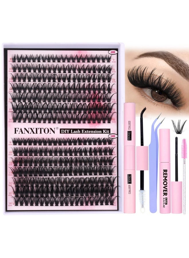 Diy Lash Extension Kit Volume Lash Clusters 40D+50D D Curl 280Pcs Individual Lashes Thick Eyelash Extension Kit Thin Band Cluster Lashes Lash Remover Lash Bond And Seal And Lash Tweezers