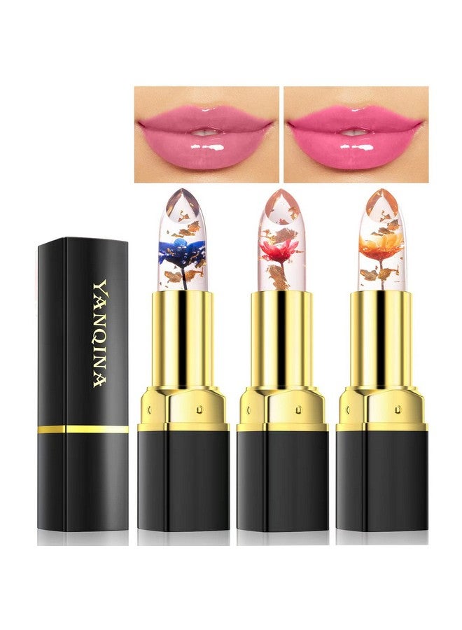 3Pcs Jelly Clear Crystal Flower Lipstick Set Magic Ph Temperature Color Changing Lipstick Lip Gloss Natural Moisturizing Lip Balm Korean Labiales Magicos Lip Gloss Lip Tinted Stain Makeup