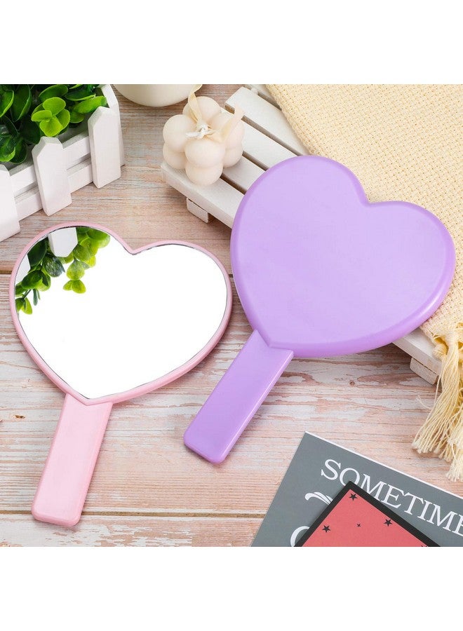 2 Pieces Heartshaped Handheld Mirrors Travel Makeup Mirrors Mini Cosmetic Mirror With Handle Small Heart Mirrors Decorative Hand Held Mirror For Women Girls Valentine'S Day (Pink Purple)