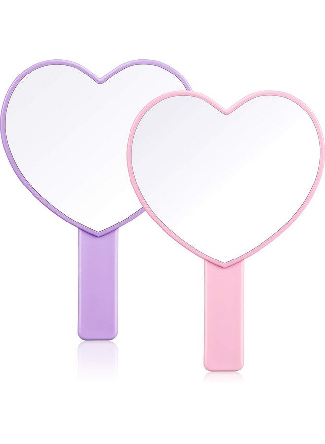 2 Pieces Heartshaped Handheld Mirrors Travel Makeup Mirrors Mini Cosmetic Mirror With Handle Small Heart Mirrors Decorative Hand Held Mirror For Women Girls Valentine'S Day (Pink Purple)