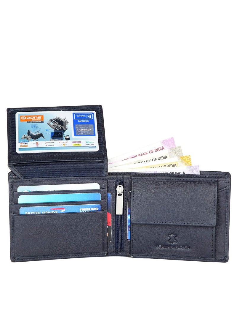 Blue Leather Wallet for Men I 6 Credit/Debit Card Slots I 2 Currency Compartments I 1 ID Window I 2 Secret Compartments I 1 Coin & Zip Pocket