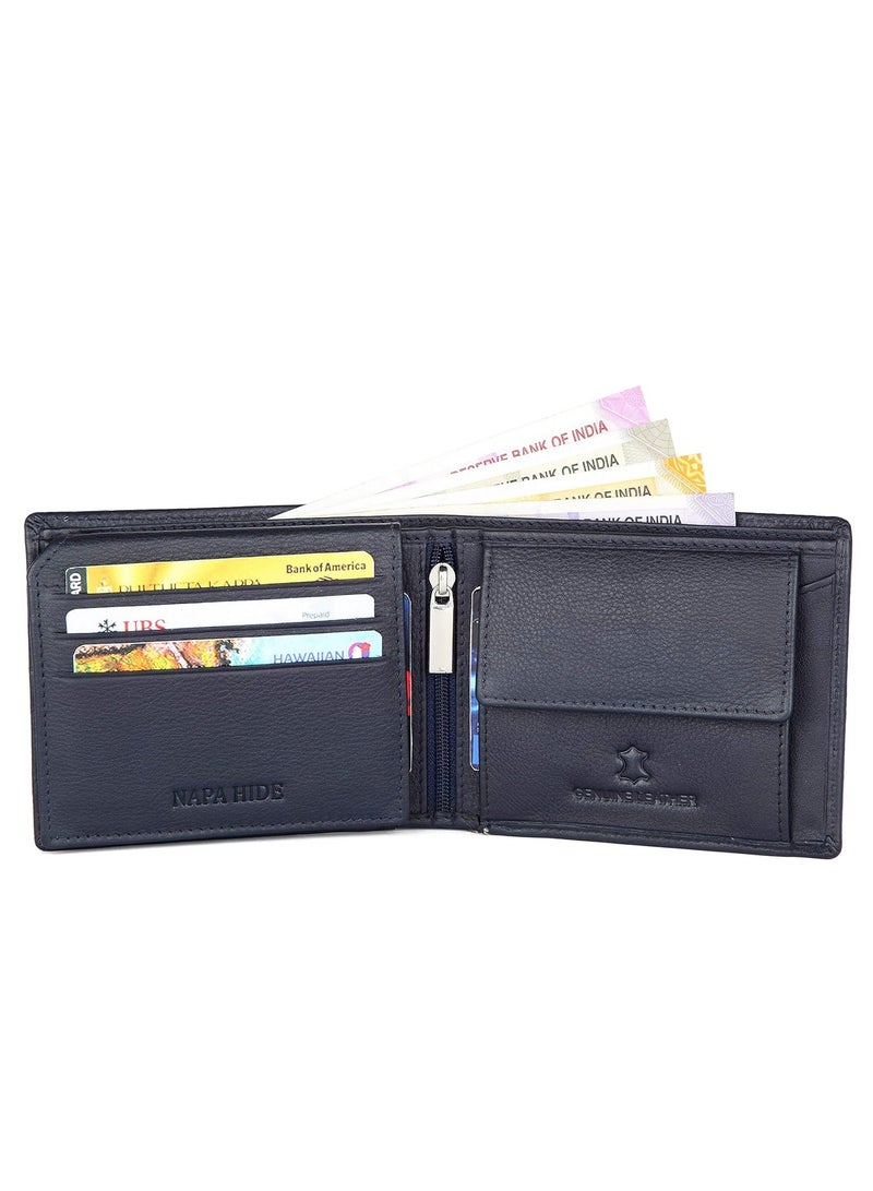 Blue Leather Wallet for Men I 6 Credit/Debit Card Slots I 2 Currency Compartments I 1 ID Window I 2 Secret Compartments I 1 Coin & Zip Pocket