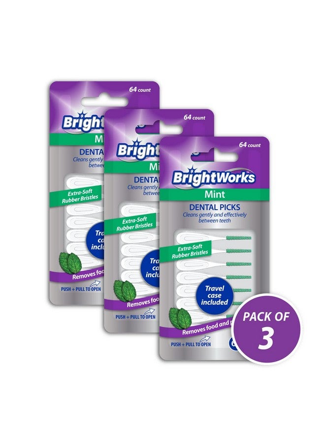 Mint Dental Picks With Extra Soft Rubber Bristles And Flexible Tip Clean Gently And Effectively Between Teeth Travel Case Included 3 Packs (64 Per Pack) [192 Total Picks]