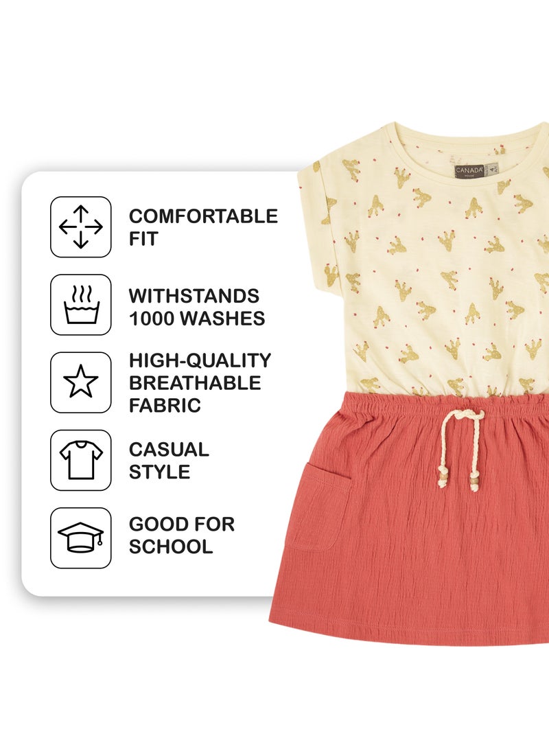 Soft and Comfortable Printed Cotton Jersey Dress with Short Sleeves and Round Neckline for Girls Ecru and Pink