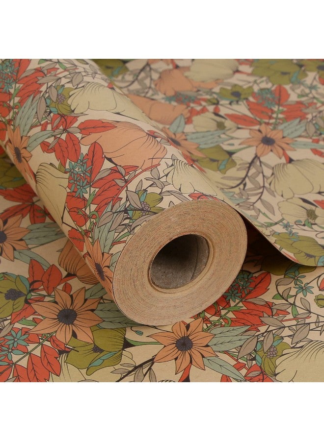 Kraft Floral Wrapping Paper Jumbo Roll All Occasion Flower Gift Wrap Paper For Wedding Bridal Shower Birthday 17 In X 60 Ft