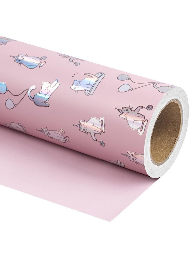 Reversible Wrapping Paper Mini Roll 17 Inch X 33 Feet Cute Cats Design With Solid Pink Design For Birthday Holiday Baby Shower