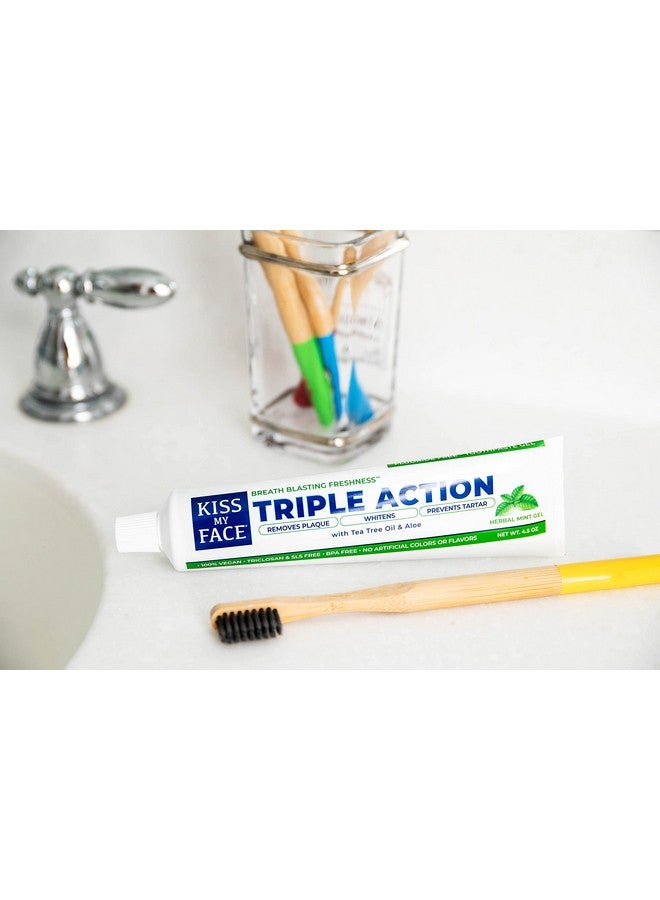 Triple Action Herbal Mint Gel Toothpaste Sls And Fluoride Free Removes Plaque Prevents Tartar And Whitens Teeth With Added Tea Tree Oil No Artificial Colors Or Flavors 4.5 Oz