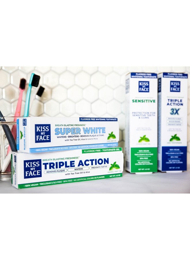 Triple Action Herbal Mint Gel Toothpaste Sls And Fluoride Free Removes Plaque Prevents Tartar And Whitens Teeth With Added Tea Tree Oil No Artificial Colors Or Flavors 4.5 Oz