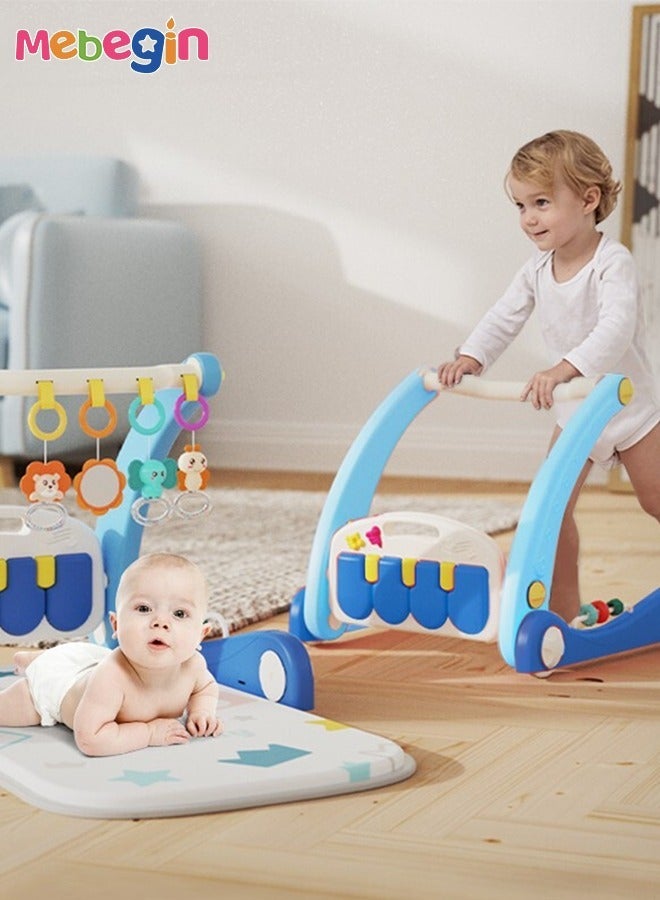2-In-1 Sit-to-Stand Foldable Baby Walker & Musical Pedal Piano Playmat with Detachable Rattle Pendants Mat 4 Modes