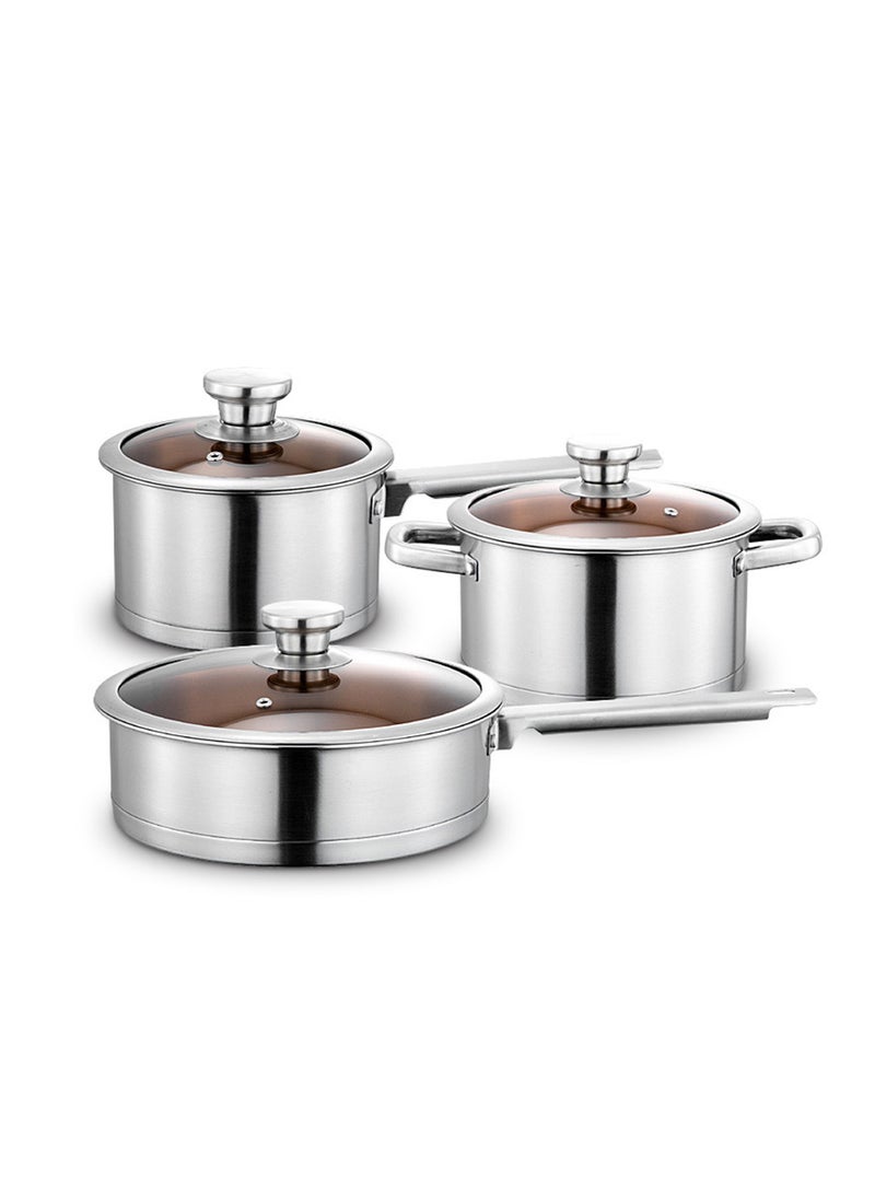 3-Piece Stainless Steel Thickened Pot Set 18cm Soup Pot 22cm Milk Pot 26cm Frying Pan