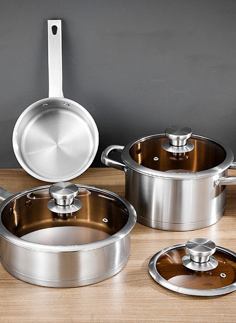 3-Piece Stainless Steel Thickened Pot Set 18cm Soup Pot 22cm Milk Pot 26cm Frying Pan