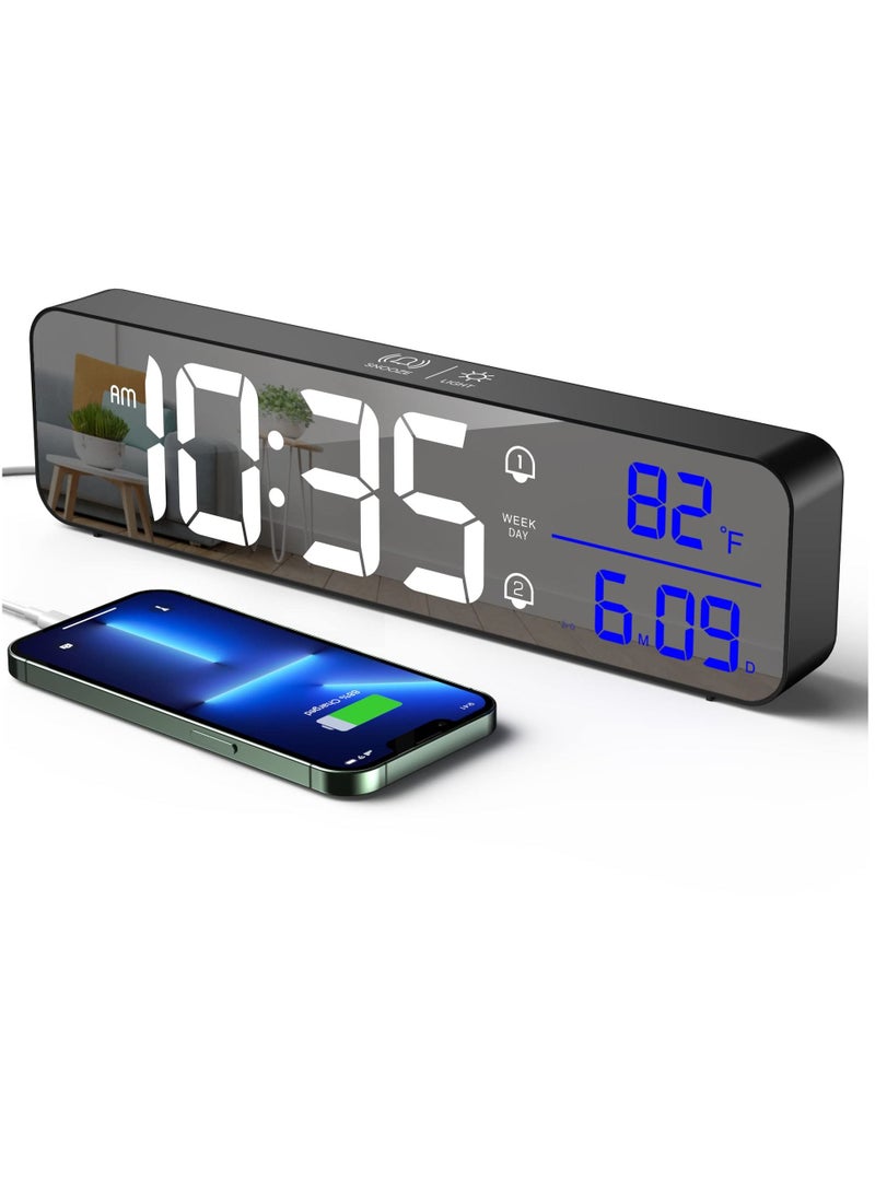 Digital Clock for Bedrooms Plug-in Alarm Clock, Day Calendar Chargable Desk Snooze Mode Custom Brightness Loud Radio Office Table
