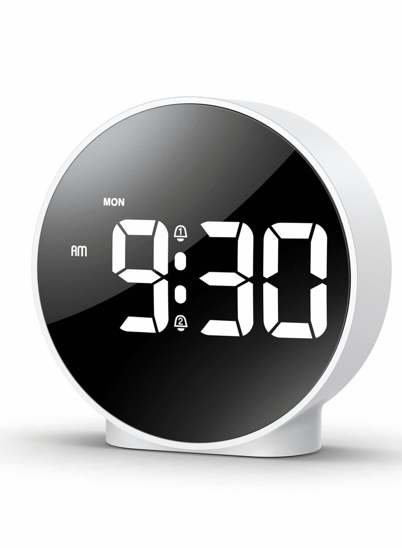 Small Digital Alarm Clock LED Desk Travel Corded Electric Battery Operated (Power Save After 8s) Dual Snooze Dimmable Day Set Week Display 4inch White