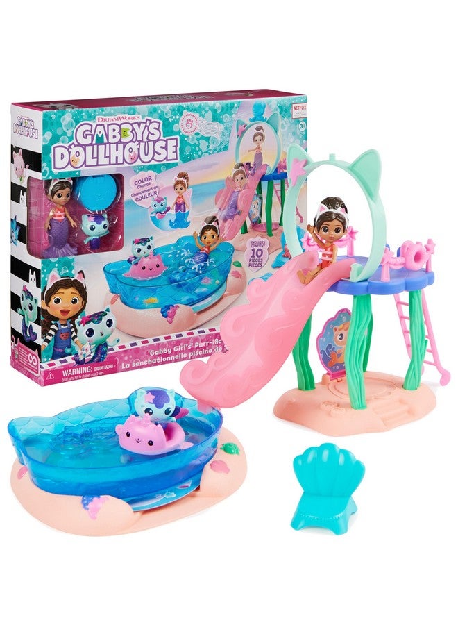 Gabby’S Dollhouse Purrific Pool Playset With Gabby And Mercat Figures Colorchanging Mermaid Tails And Pool Accessories Kids Toys For Ages 3 And Up