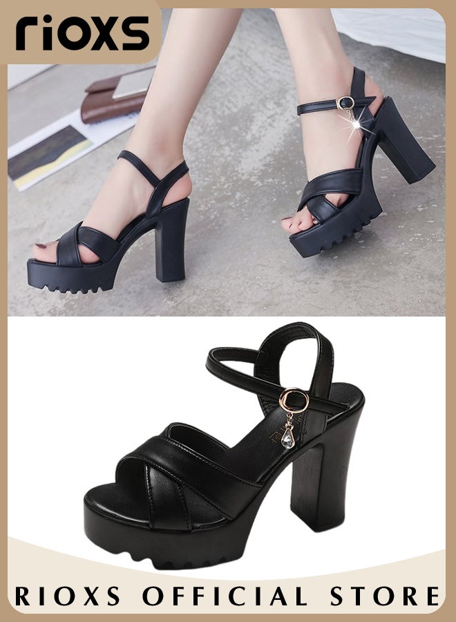 Women's Fashion High Heel Sandals Casual Ankle Strap Chunky Heel Shoes Lightweight Round Toe Shoes