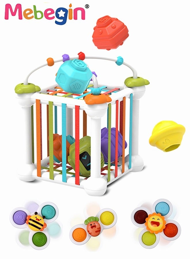 Baby Sensory Bin Toddler Shape Sorter Toys Set Colorful Cube with 6 Sensory Shape Blocks, 3 Suction Cup Spinner Toys Early Learning Montessori Toys for Toddler, Gift for 3 Years and Up