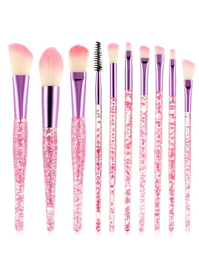Glitter Crystal Makeup Brush Set 10 Piece Bling Professional Foundation Concealer Eye Shadow Eyeliner Blush Lip Blending Synthetic Brushes Tools Kit Essentials Transparent Handle Women Girls