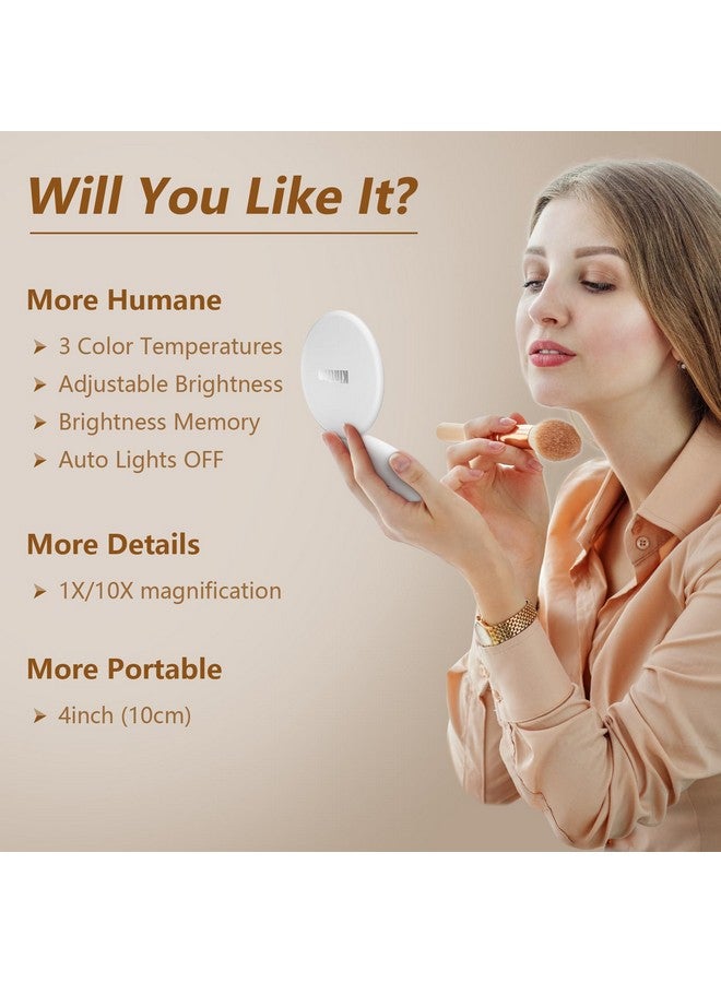 Travel Mirror With Light 1X10X Magnification Compact Mirror 4 Rechargeable Led Purse Mirror Dimmable 3 Color Temperature Portable Lighted Pocket Mirror White