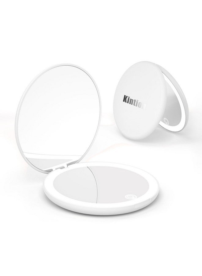 Travel Mirror With Light 1X10X Magnification Compact Mirror 4 Rechargeable Led Purse Mirror Dimmable 3 Color Temperature Portable Lighted Pocket Mirror White