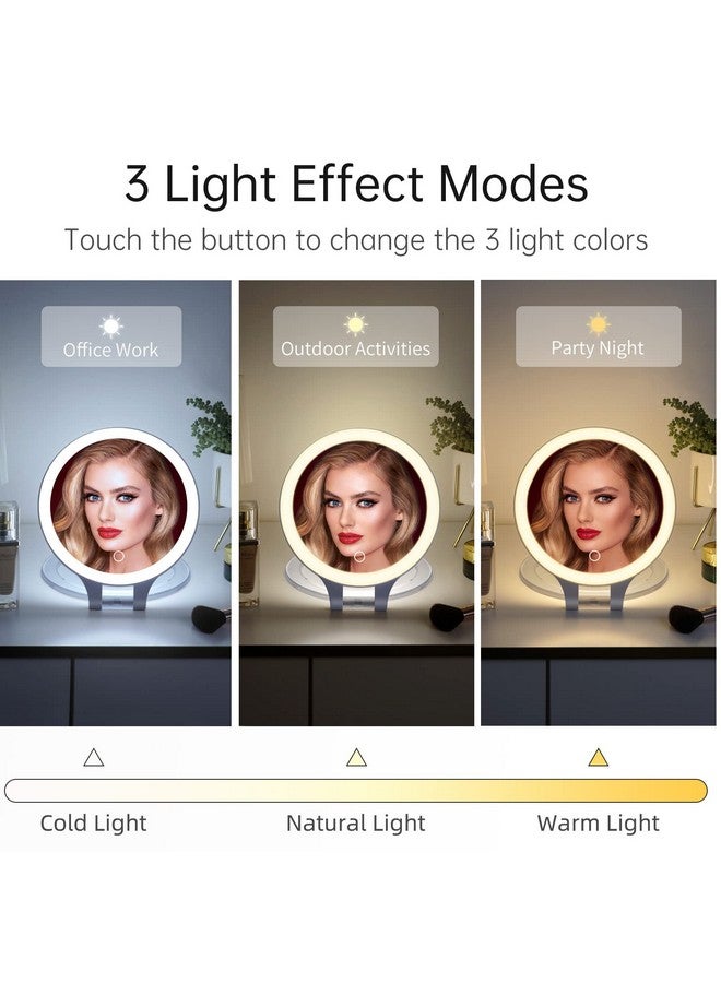 Rechargeable Magnifying Makeup Mirror 10X1X Double Sided Lighted Travel Makeup Mirror With 3 Color Light Adjustable Rotation Led Vanity Tabletop Portable Desk Cosmetic Foldable Mirror (No Bag)