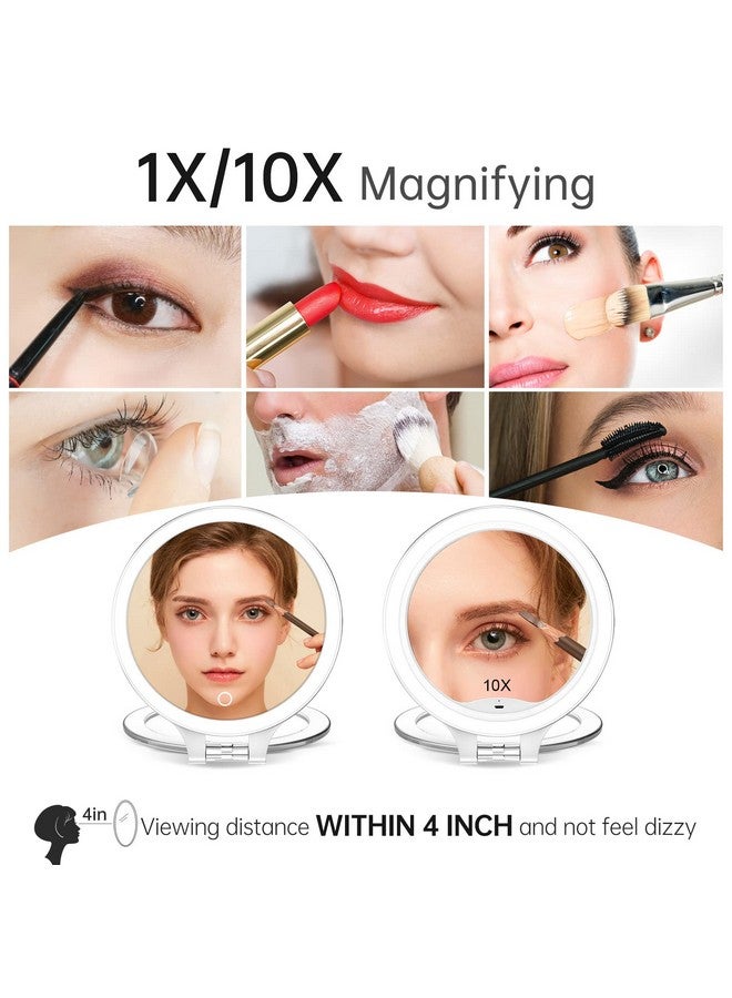 Rechargeable Magnifying Makeup Mirror 10X1X Double Sided Lighted Travel Makeup Mirror With 3 Color Light Adjustable Rotation Led Vanity Tabletop Portable Desk Cosmetic Foldable Mirror (No Bag)