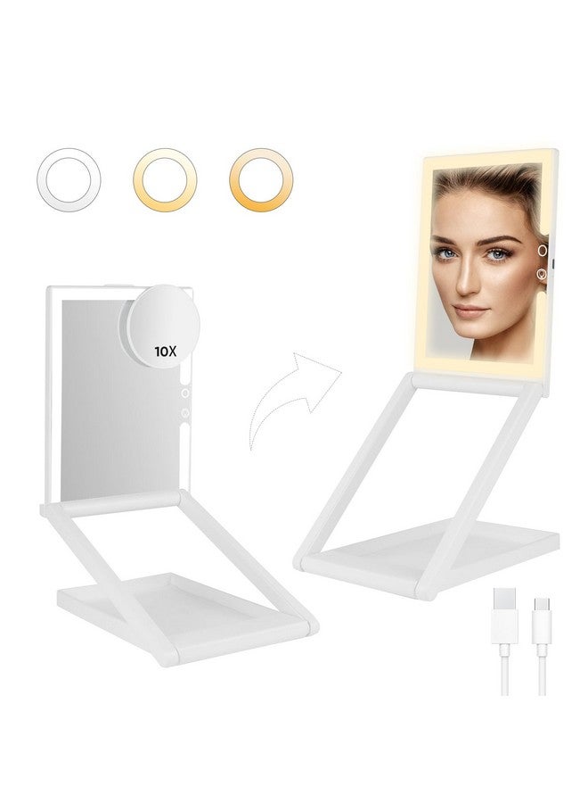 Adjustable Height Portable Folding Travel Makeup Mirror With 3 Colors Light 10X Magnification 2000Mha Rechargeable Tabletop Vanity Mirror Brightness Adjustable M30032000