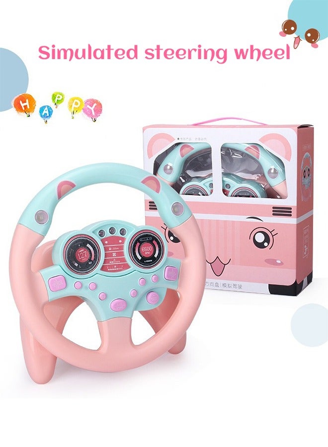 Rotating Steering Wheel Toy with Music and Light, Kids Steering Wheel for Backseat Learn Driver Pretend Driving Simulation Driving Steering Wheel Toy Portable Pretend Play Toy Gifts for Kids Pink