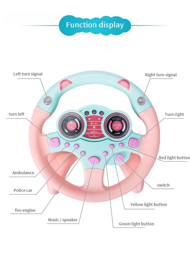 Rotating Steering Wheel Toy with Music and Light, Kids Steering Wheel for Backseat Learn Driver Pretend Driving Simulation Driving Steering Wheel Toy Portable Pretend Play Toy Gifts for Kids Pink