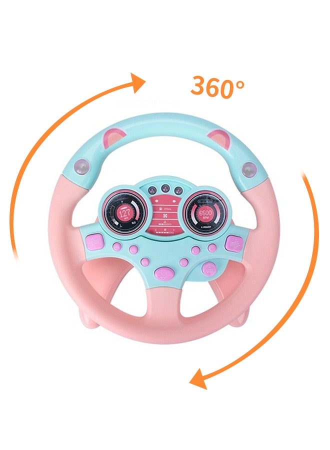 Rotating Steering Wheel Toy with Music and Light, Kids Steering Wheel for Backseat Learn Driver Pretend Driving Simulation Driving Steering Wheel Toy Portable Pretend Play Toy Gifts for Kids Pink