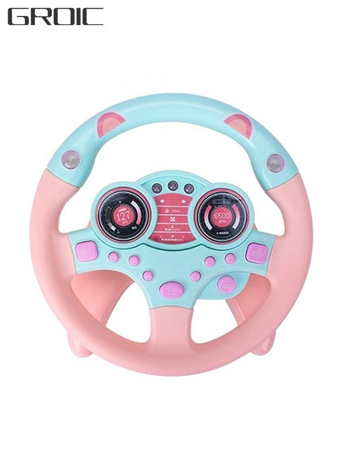 Rotating Steering Wheel Toy with Music and Light, Kids Steering Wheel for Backseat Learn Driver Pretend Driving Simulation Driving Steering Wheel Toy Portable Pretend Play Toy Gifts for Kids Pink