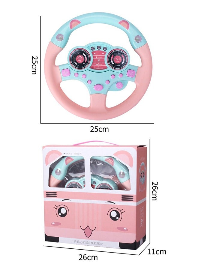 Rotating Steering Wheel Toy with Music and Light, Kids Steering Wheel for Backseat Learn Driver Pretend Driving Simulation Driving Steering Wheel Toy Portable Pretend Play Toy Gifts for Kids Pink