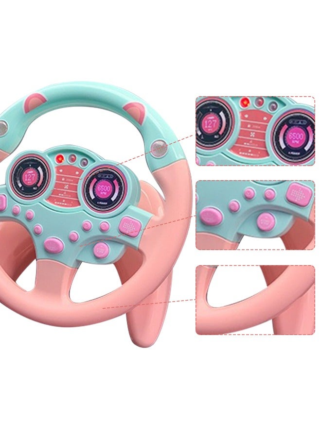 Rotating Steering Wheel Toy with Music and Light, Kids Steering Wheel for Backseat Learn Driver Pretend Driving Simulation Driving Steering Wheel Toy Portable Pretend Play Toy Gifts for Kids Pink