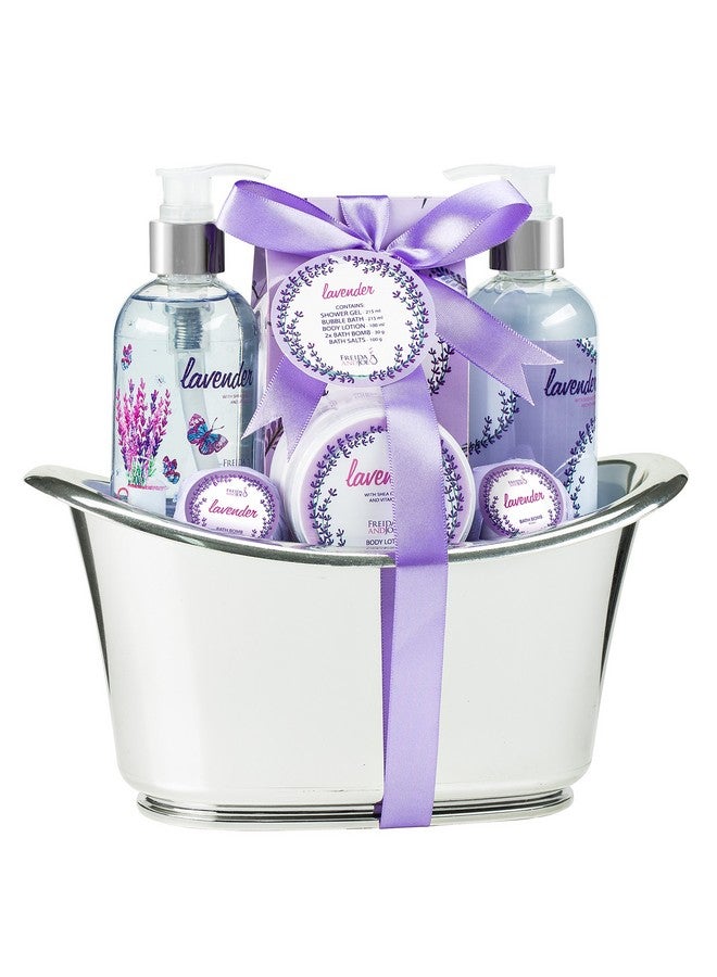Aromatherapy Essentials Spa Set For Women In Large Silver Tub. Bath Set Includes 2 Bath Bombs Body Lotion Bath Salts Shower Gel And Bubble Bath (Lavender)