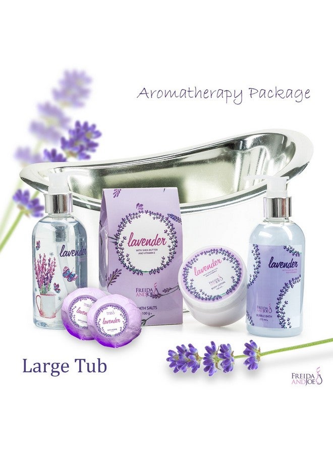 Aromatherapy Essentials Spa Set For Women In Large Silver Tub. Bath Set Includes 2 Bath Bombs Body Lotion Bath Salts Shower Gel And Bubble Bath (Lavender)