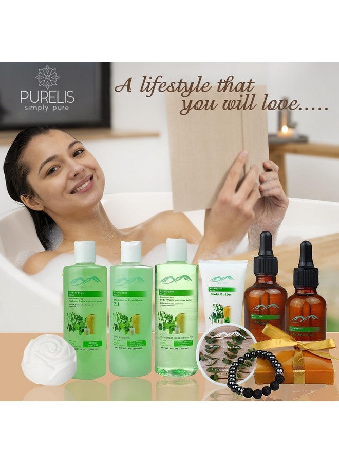 Bed Bath Body Gift Set Eucalyptus Mint Aromatherapy Spa Baskets For Men & Women. Bath & Body Spa Gift Baskets For Relaxation Best Dads Gift Baskets For Fathers Husband Friends