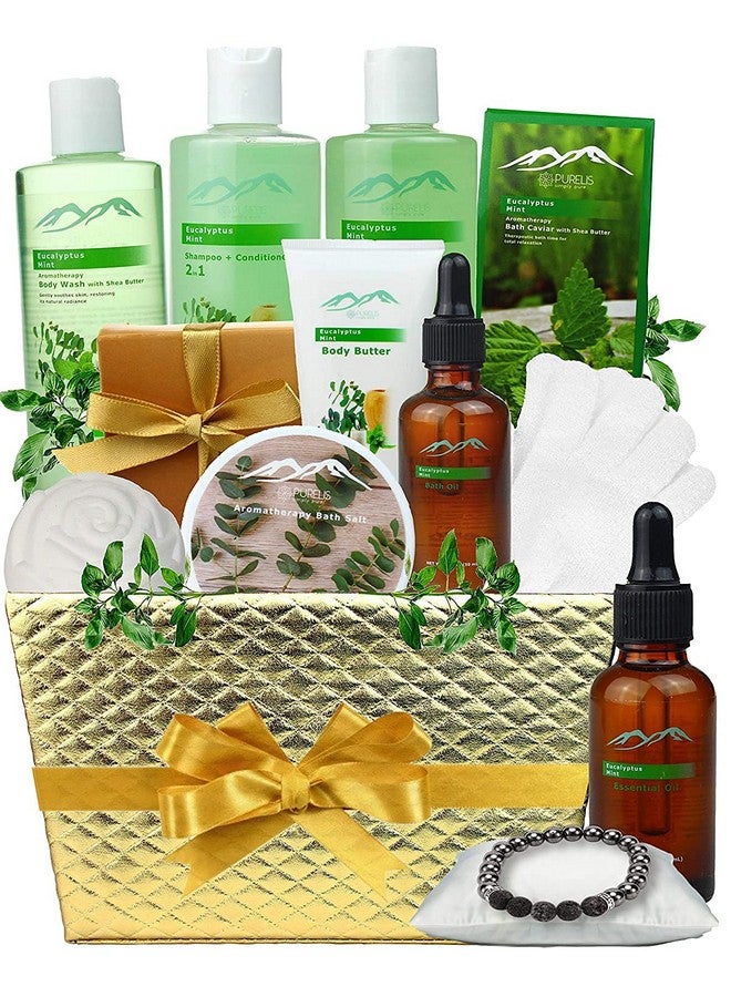Bed Bath Body Gift Set Eucalyptus Mint Aromatherapy Spa Baskets For Men & Women. Bath & Body Spa Gift Baskets For Relaxation Best Dads Gift Baskets For Fathers Husband Friends