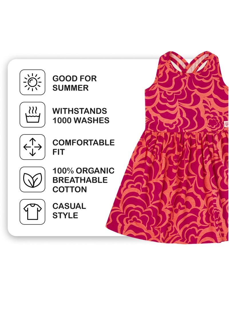 Soft and Comfortable Printed Cotton Dress with Cross Back Strap Short Sleeves and Round Neckline for Girls Orange and Fuchsia