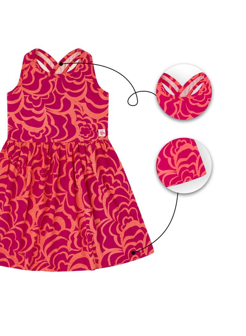 Soft and Comfortable Printed Cotton Dress with Cross Back Strap Short Sleeves and Round Neckline for Girls Orange and Fuchsia