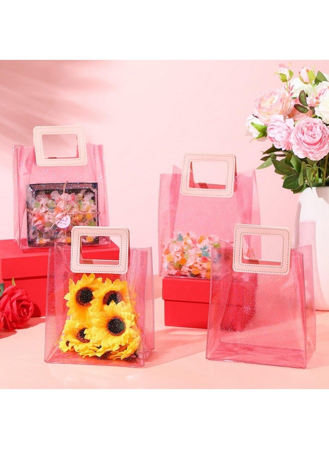 20 Pieces Clear Gift Bags With Handles Valentines Transparent Glitter Tote Bag 7 X 4 X 8 Inch Reusable Pvc Gift Wrap Bag For Bridal Party Baby Shower Wedding Birthday(Clear Pink Glitter)
