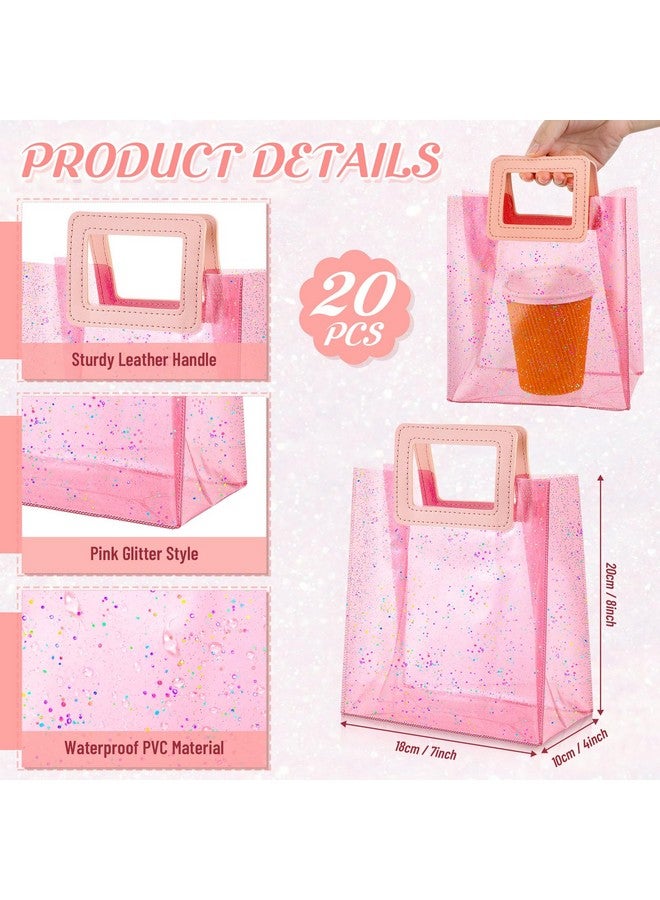 20 Pieces Clear Gift Bags With Handles Valentines Transparent Glitter Tote Bag 7 X 4 X 8 Inch Reusable Pvc Gift Wrap Bag For Bridal Party Baby Shower Wedding Birthday(Clear Pink Glitter)