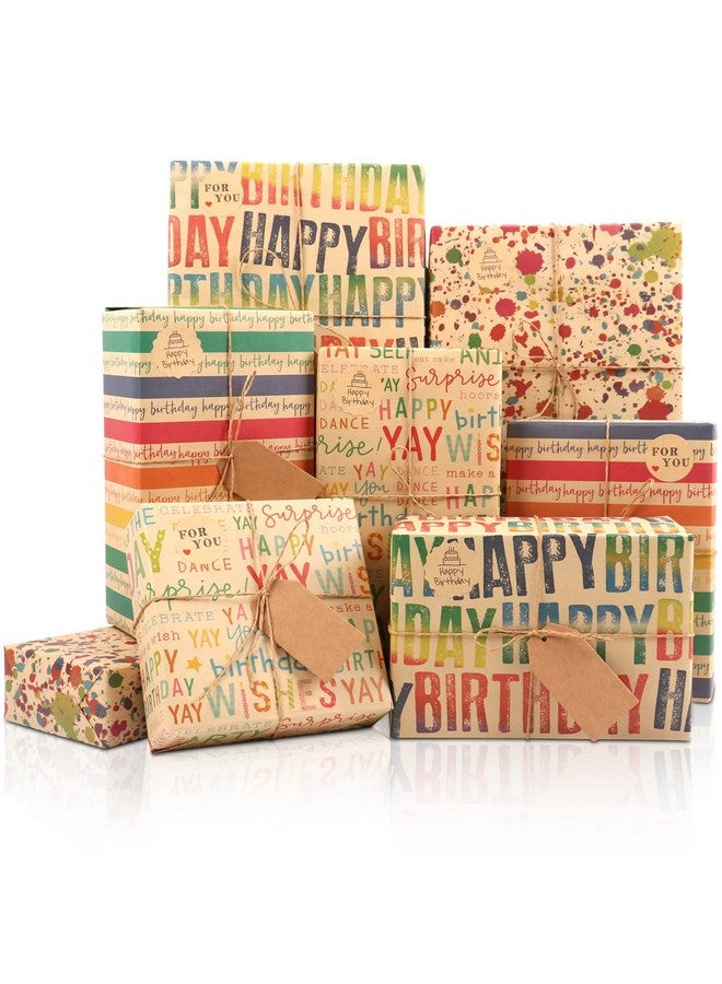 Birthday Wrapping Paper 8 Sheets Brown Kraft Recycled Gift Wrapping Paper Colorful Happy Birthday Gift Wrapping Paper Set With Stickers And Tags For Kids Women Men Birthday All Occasions 20×28 Inch