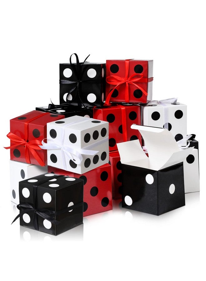 50 Pcs Dice Favor Boxes 4 X 4 X 4 Inch Casino Party Decorations Game Night Decorations Casino Themed Party Goodie Boxes Gift Box With Ribbon For Birthday Supplies (Black White Red)
