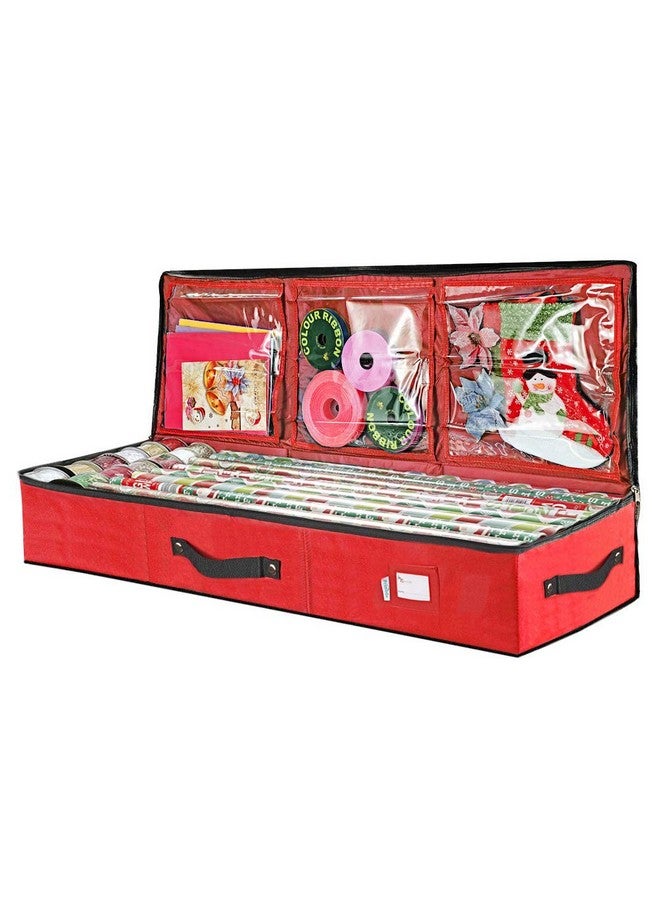 Wrapping Paper Storage Container Gift Wrap Organizer Under Bed 41”X14”X6” Fits 1824 Rolls Up To 40” 600D Oxford Box Holder With Pockets For Ribbon Bows And Accessories (Red)