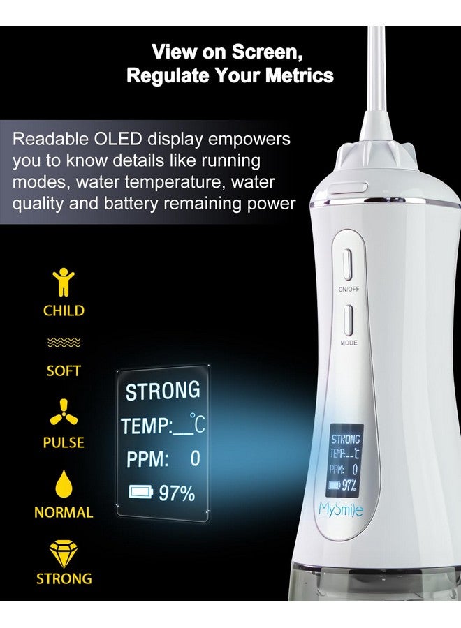 Powerful Cordless 350Ml Water Dental Flosser Portable Oled Display Oral Irrigator With 5 Pressure Modes 8 Replaceable Jet Tips And Storage Bag For Home Travel Use (White)