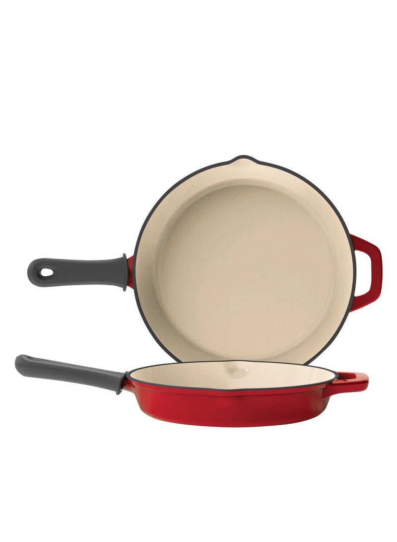 2-piece Enameled Cast Iron Skillets 25.4 cm + 30.4 cm / 10 + 12 in Red