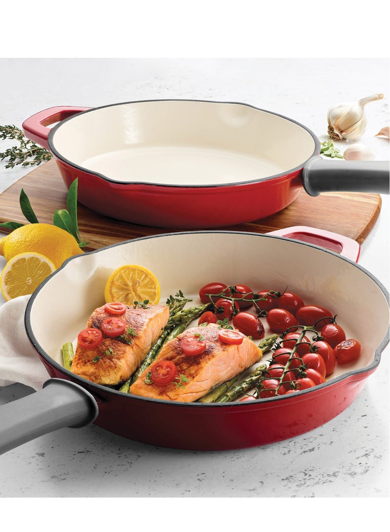 2-piece Enameled Cast Iron Skillets 25.4 cm + 30.4 cm / 10 + 12 in Red