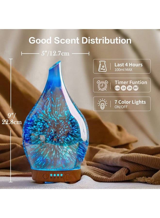 Oil Diffuser 3D Glass Aromatherapy Ultrasonic Humidifier Air Refresh Auto Shutoff Timer Setting Bpa Free For Home Hotel Yoga Leisure Spa Gift 100Ml Last 4H